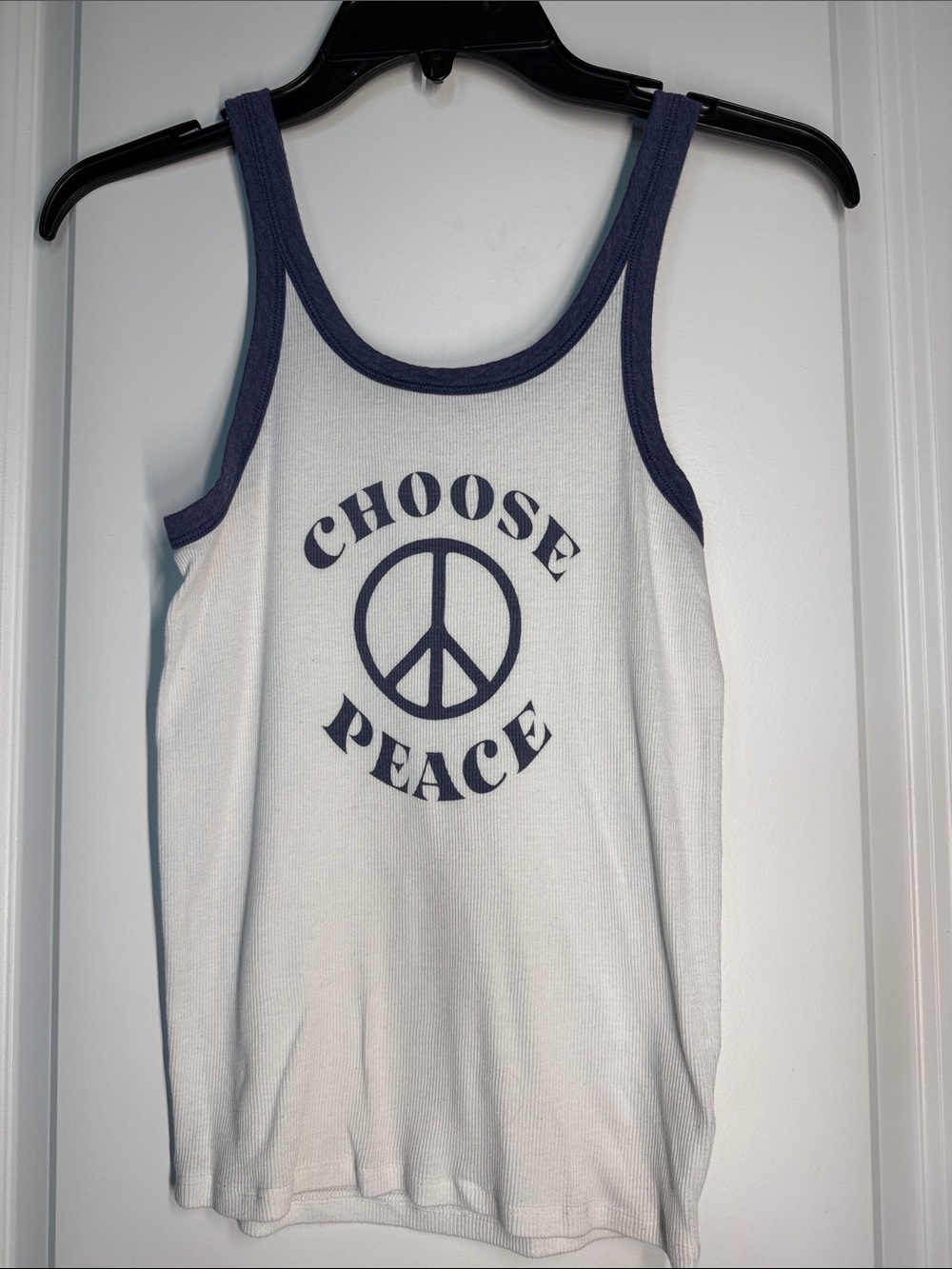 American Eagle White Ribbed Tank with Navy Trim